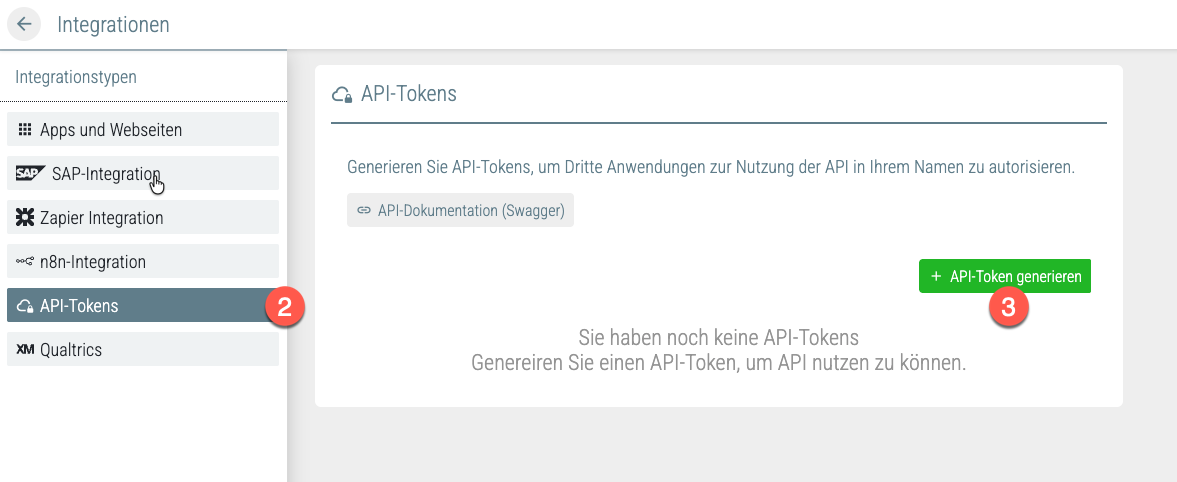 Integrationen-Seitenmenü — API-Tokens hervorgehoben