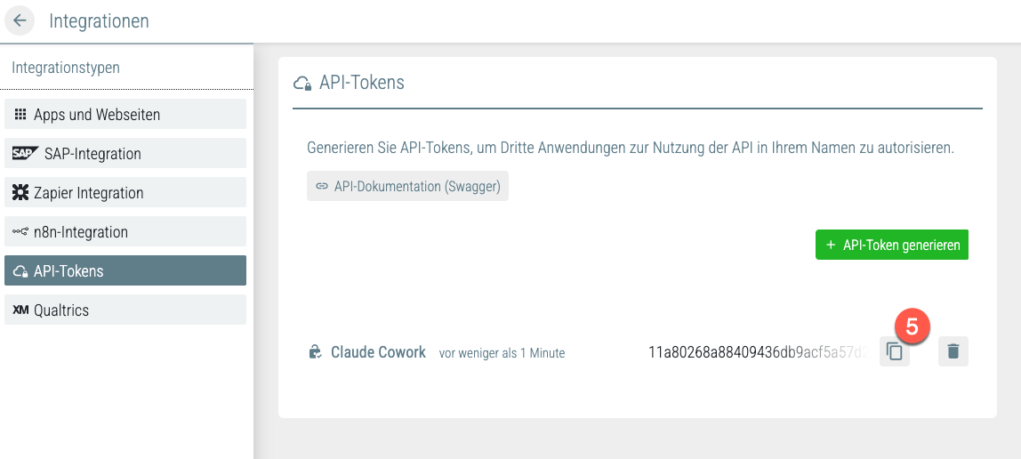 API-Tokens-Bereich — neuer Token ist bereit zum Kopieren